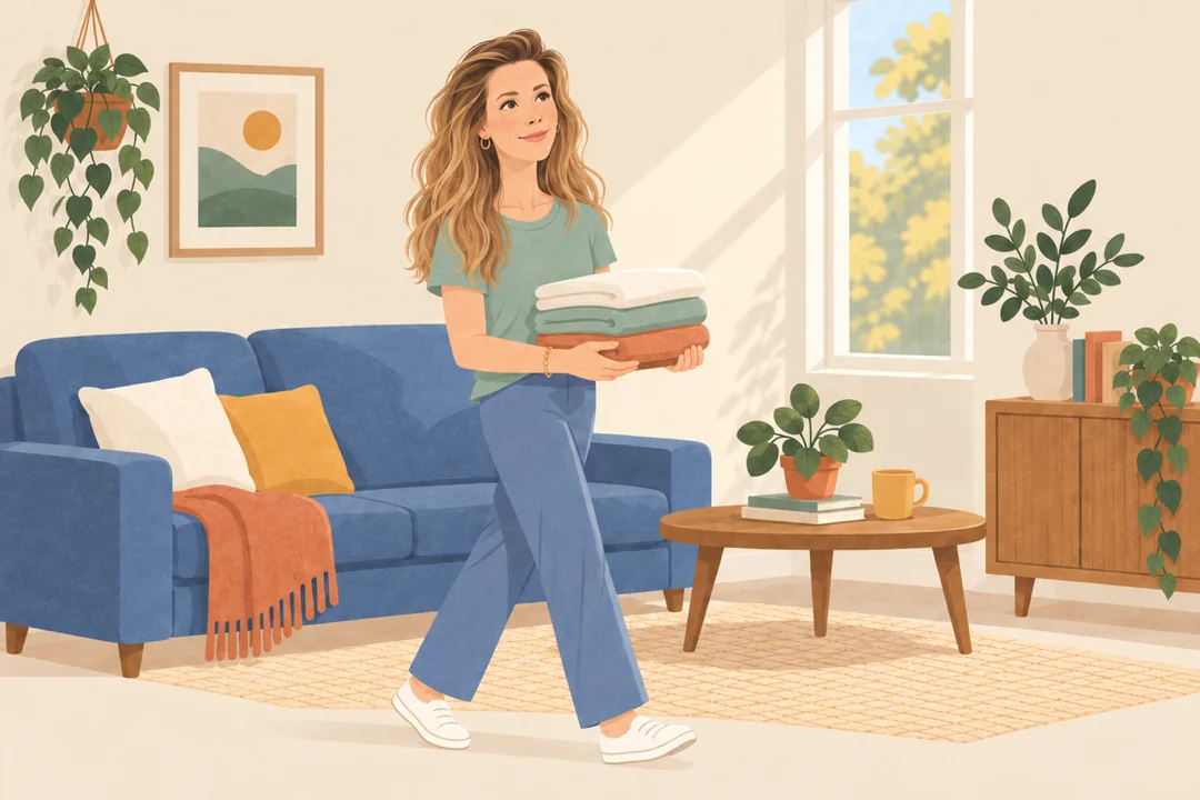 Illustration of Victoria carrying freshly folded laundry through a bright, tidy living room